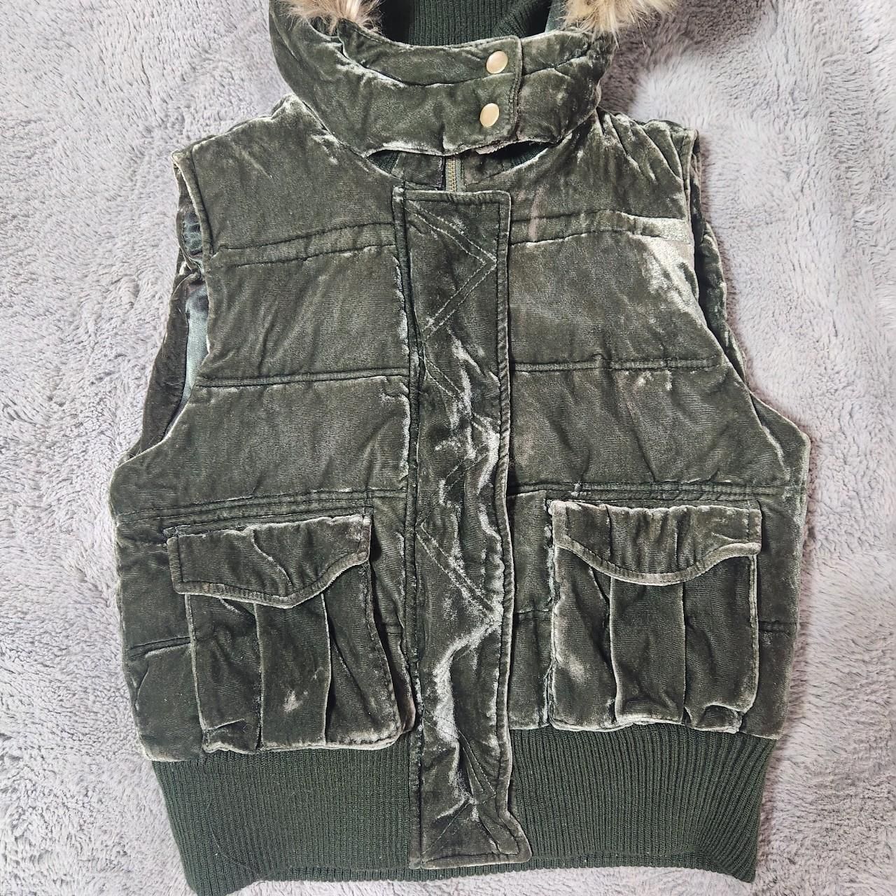 Vintage 2007 Old Navy Olive Green Velour Velvet Puffer Vest With Faux Fur Hood